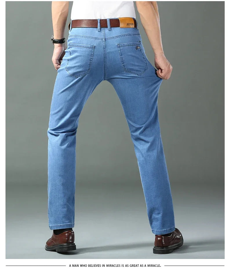 New Ice Silk Thin Denim Jeans for Men Blue Straight Stretch Cotton Denim Pant Business Casual Lightweight Trousers Spring Summer