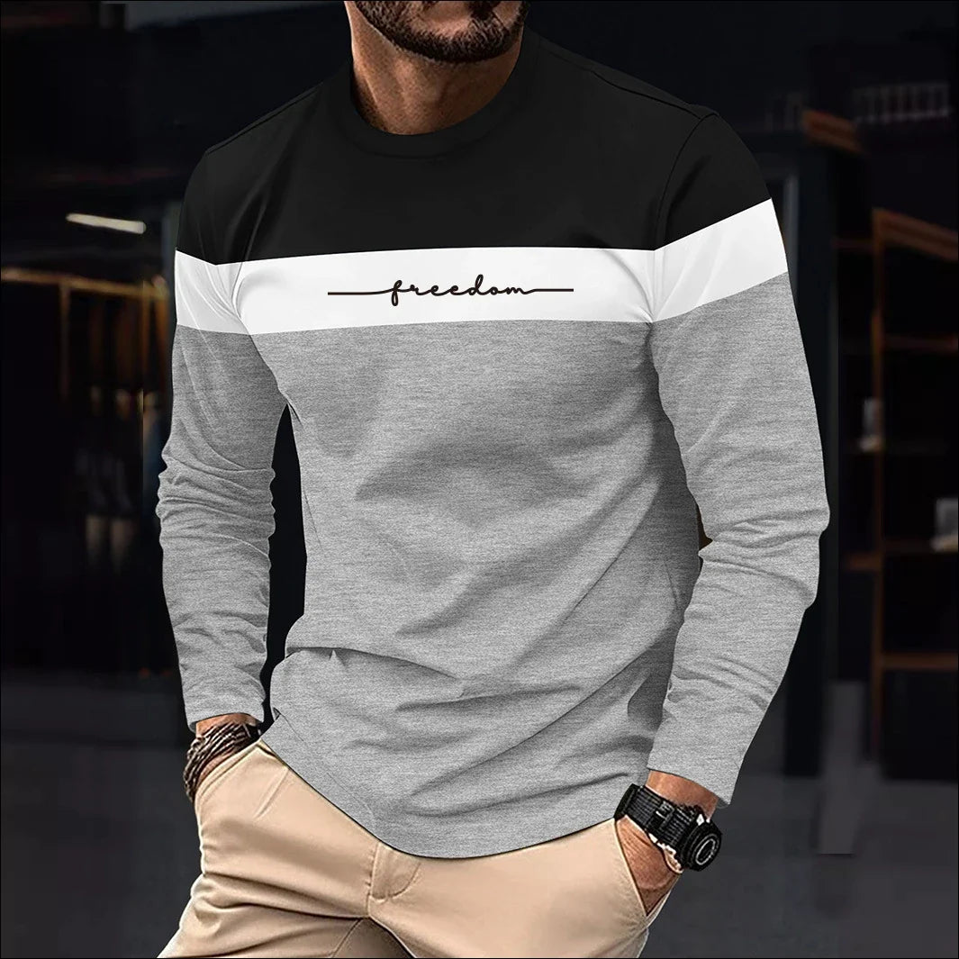 2026 Autumn Men's T-Shirt Clothing Fashion Oversized Crew Neck Long Sleeve T-Shirt Top Simple Casual Stripe T-Shirts For Men