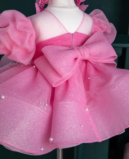 Customized Pink Flower Girl Dresses For Wedding Short Sleeves With Bow Pearls Kids Birthday Party First Communion Pageant Gown