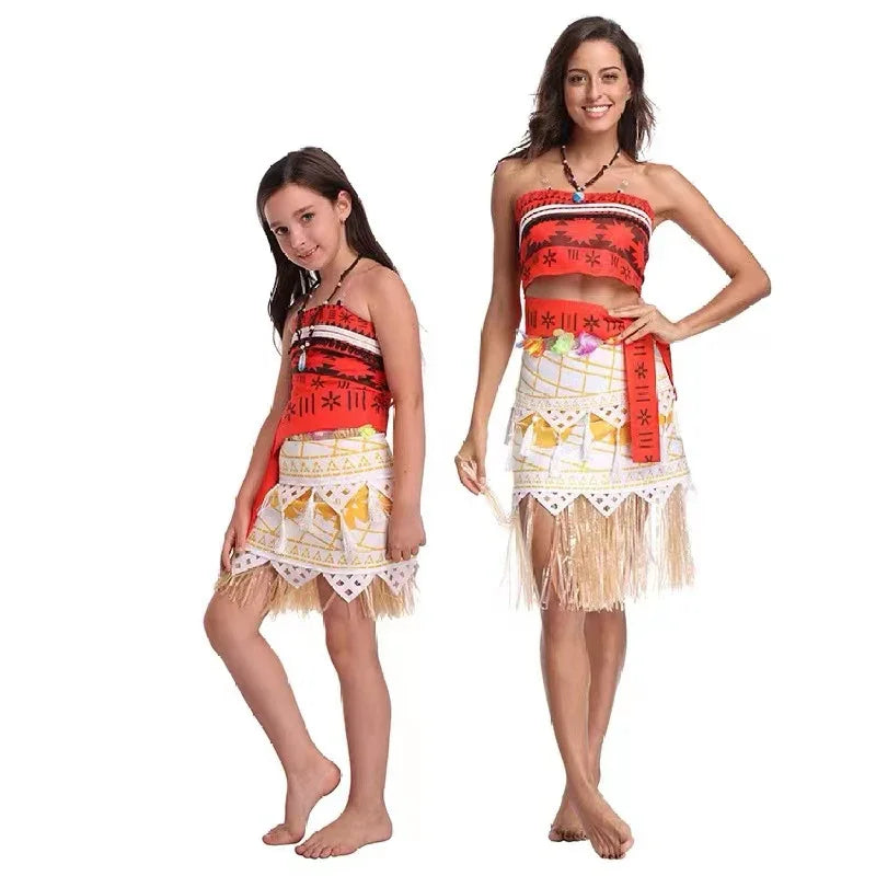 Kids Cosplay Vaiana Moana Princess Costume Dress Adult Necklace Wig Girl Halloween Party Moana Dress Costume Cosplay