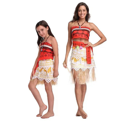 Kids Cosplay Vaiana Moana Princess Costume Dress Adult Necklace Wig Girl Halloween Party Moana Dress Costume Cosplay