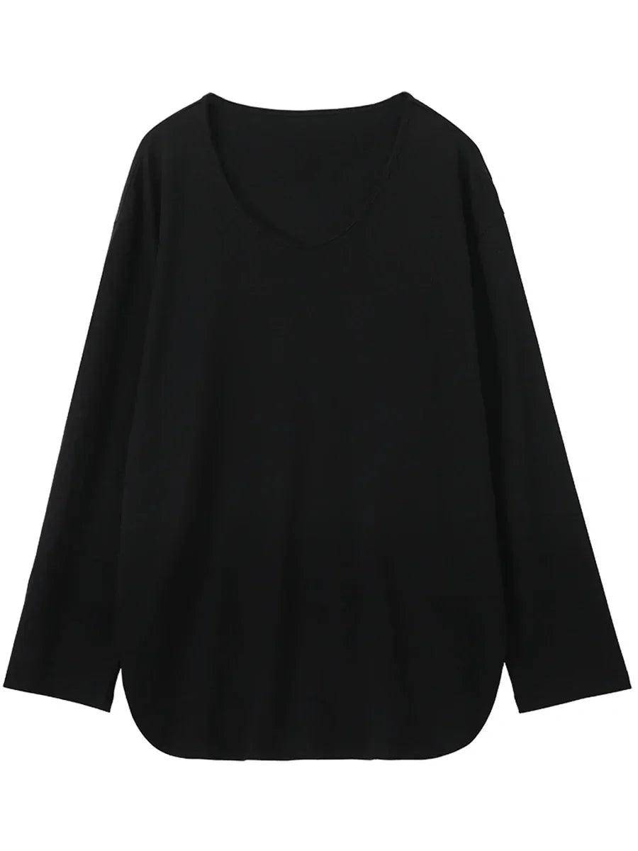 Women T-Shirts Loose Casual U-Neck Long Sleeve Female Tees Split Bottom Woman Top Ladies Clothing Autumn Spring 2023
