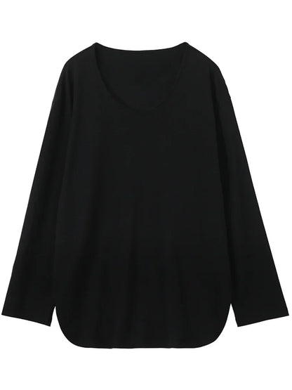 Women T-Shirts Loose Casual U-Neck Long Sleeve Female Tees Split Bottom Woman Top Ladies Clothing Autumn Spring 2023
