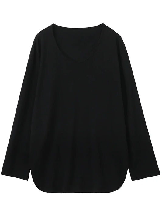 Women T-Shirts Loose Casual U-Neck Long Sleeve Female Tees Split Bottom Woman Top Ladies Clothing Autumn Spring 2023