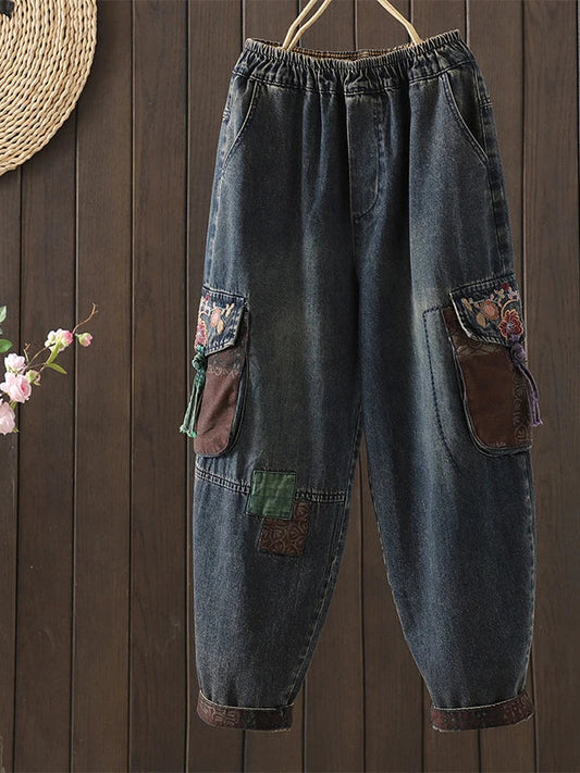 Retro Ethnic Print Patchwork Embroidered Denim Jeans Women Loose plus Size Embroidered Nine Points Harlan Pants Spring