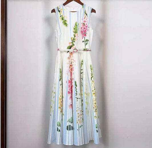 2026 Spring Women's New Fashionable Round Neck Sleeveless Printed Cotton Belt Waist cinching Dress 