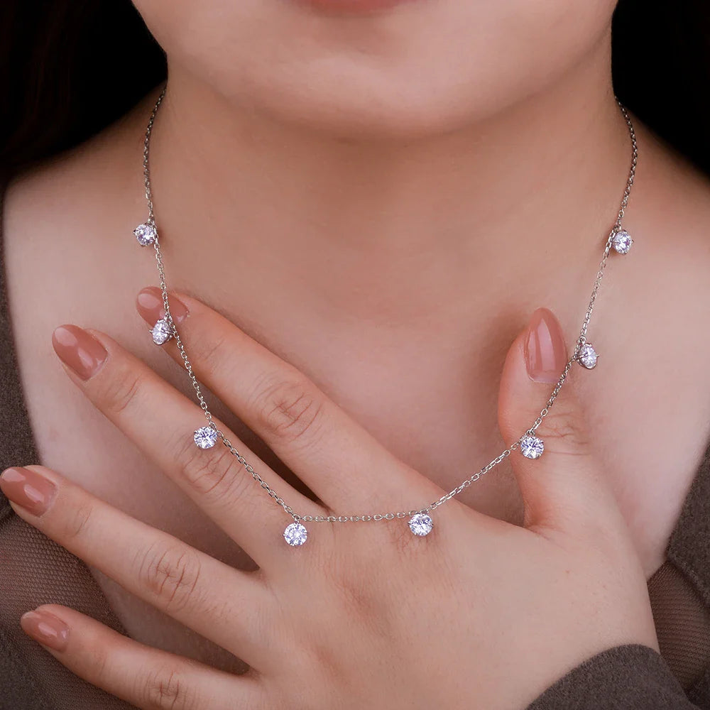 8 Stone Round Cut Real Moissanite Necklace for Women Floating Tiny Diamonds Neck Chain S925 Silver 18K Gold Plated Jewelry Gift