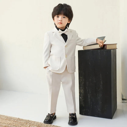 Beige Boys Slim Fit Suit Set 3 Pieces Jacket Pants Woth Bow-tie Wedding Ring Bearer Outfit Notched Lapel Kids Tuxedo For Party