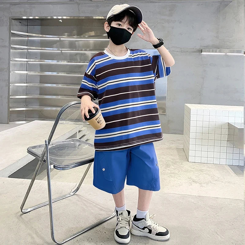 Elegant Children Summer Suit Outfit for Boy Striped Top and Bottom Set Kids Teenagers Cotton T-shirt Shorts 2 Pieces Clothes Set