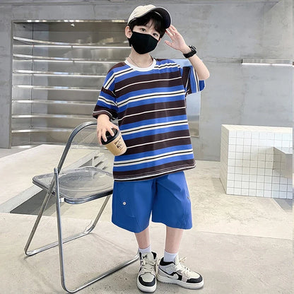 Elegant Children Summer Suit Outfit for Boy Striped Top and Bottom Set Kids Teenagers Cotton T-shirt Shorts 2 Pieces Clothes Set