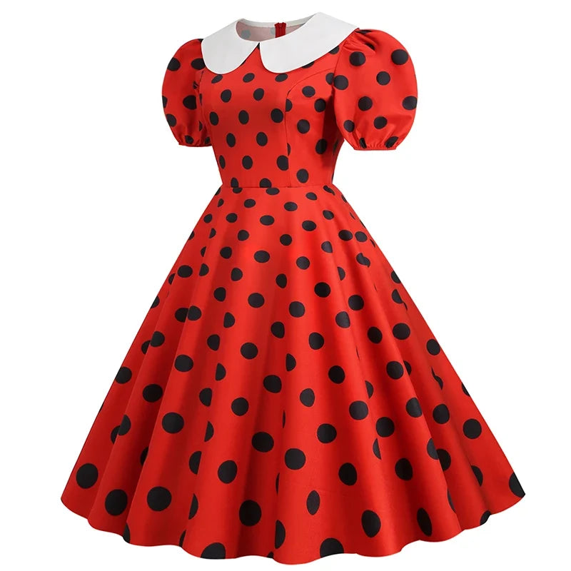 Elegant Women Summer Dress Puff Short Sleeve Polka Dot Peter pan Collar Vintage A-line Midi Long Party Sundress