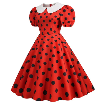 Elegant Women Summer Dress Puff Short Sleeve Polka Dot Peter pan Collar Vintage A-line Midi Long Party Sundress