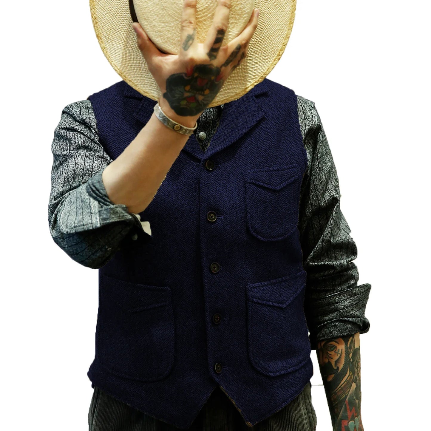 Men's British Casual Suit Vest Herringbone Tweed Vest Notch Lapel Business Dress Waistcoat