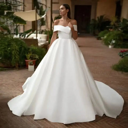 Customized Boat Neck Ball Gown Wedding Dress Off the Shoulder Simple Vestido De Noiva Zipper Back Satin Robe Mariage