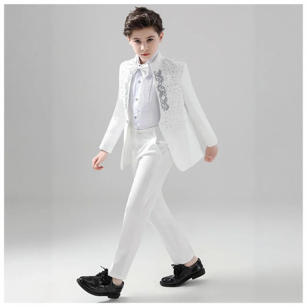 White Elegant Beaded Suit Set 2 Pieces For Kids Wedding Ring Bearer Outfit,Fashionable Stand-up Collar Boys Tuxedo For Party
