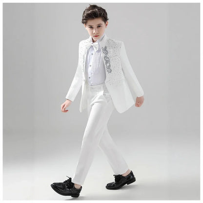 White Elegant Beaded Suit Set 2 Pieces For Kids Wedding Ring Bearer Outfit,Fashionable Stand-up Collar Boys Tuxedo For Party
