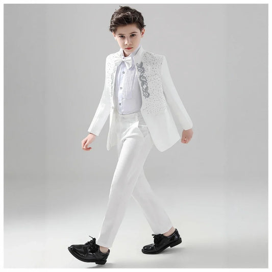 White Elegant Beaded Suit Set 2 Pieces For Kids Wedding Ring Bearer Outfit,Fashionable Stand-up Collar Boys Tuxedo For Party