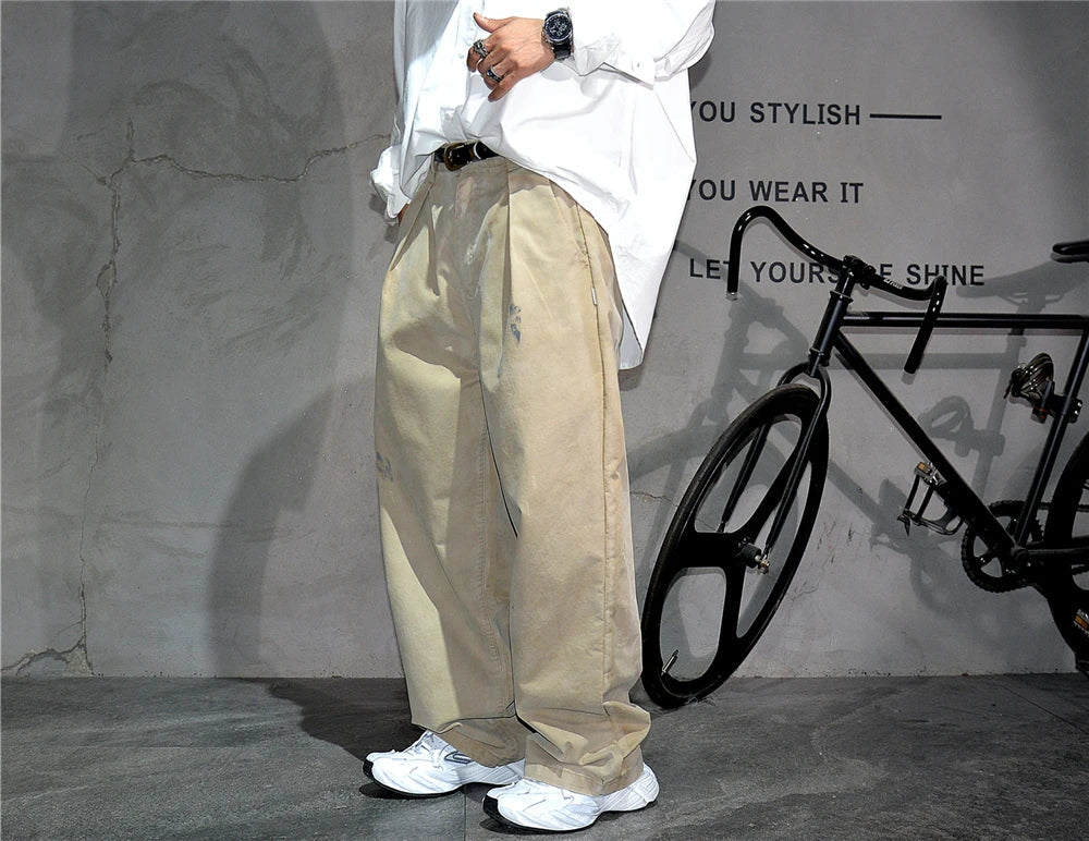 ‌Japanese Premium Vintage Distressed Paint Splash Cargo Pants Men Streetwear Loose Casual Straight Leg Haram Trousers Trendy