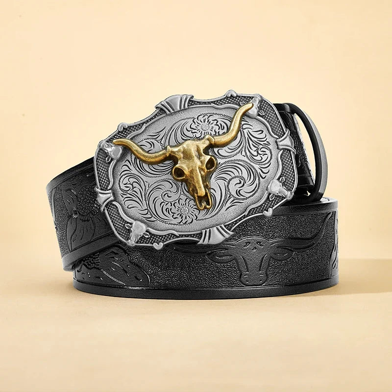 Western Cowboy PU Leather Belt - Men Waist Strap Bull Decoration Floral Engraved for Jeans