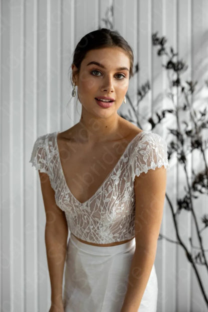 Customized Summer Wedding Dress Two Pieces Bridal Gowns Boho Lace Bride Dresses Cap Sleeves Wedding Gowns Side Slit Back Out