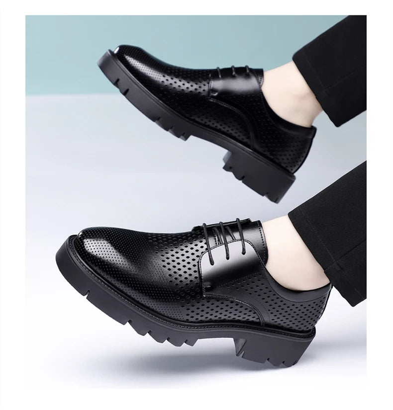 Summer Hollow Out Breathable Men Height Increasing Oxford Shoes 8/10CM Formal Business Dress Wedding Party Elevated Leather Shoe