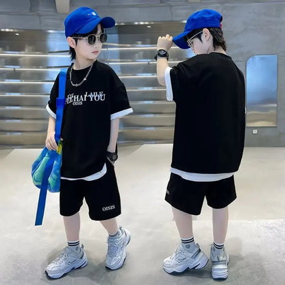 Summer Casual Boys Cotton Alphabet t-Shirt Tops+Drawstring Short Pant Set School Kids Tracksuit Child 2PCS Jogger Outfit 5-16Yrs