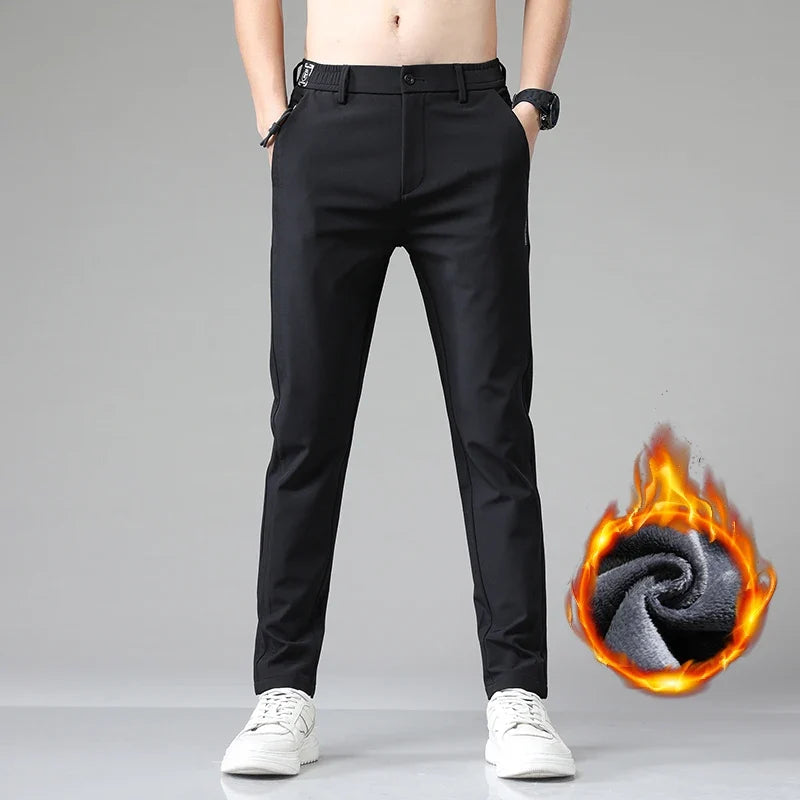 Korean Men's Warm Golf Pants Slim Straight Winter Thick Fleece Casual Pants Business Fashion Stretch Thermal Trousers Male