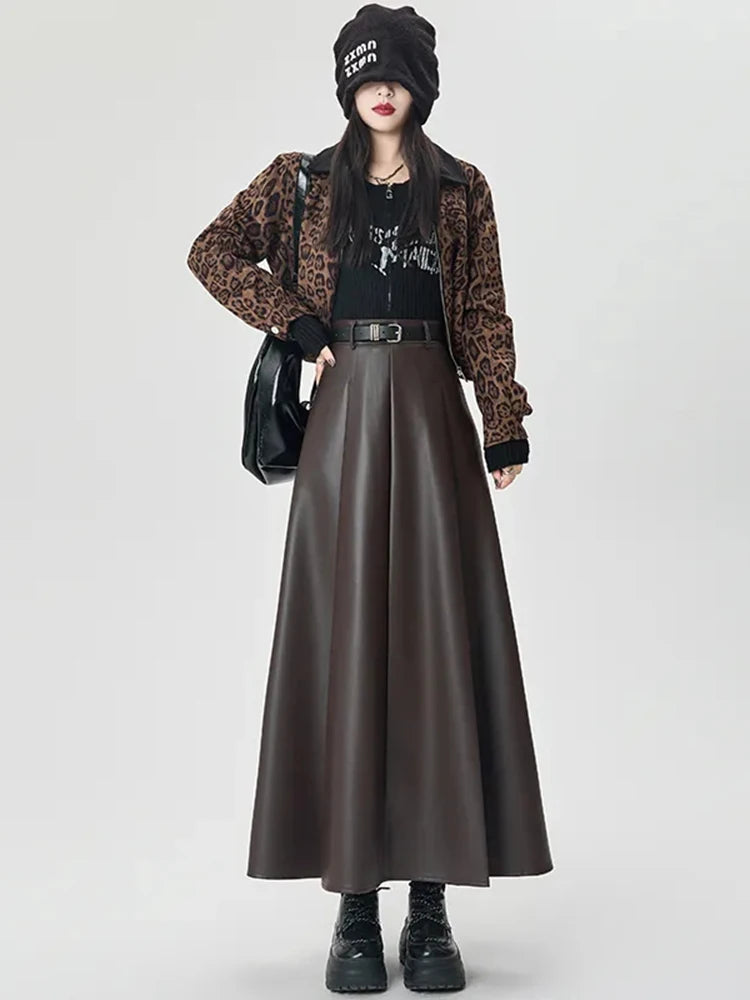 Vintage PU leather women midi skirts Y2K Autumn high waist Streetwear with belt pleated Skirt female elegant Solid A line skirts