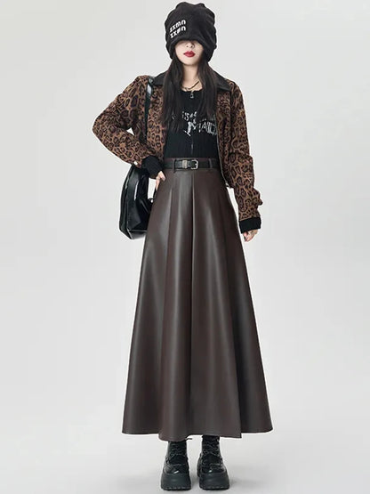 Vintage PU leather women midi skirts Y2K Autumn high waist Streetwear with belt pleated Skirt female elegant Solid A line skirts
