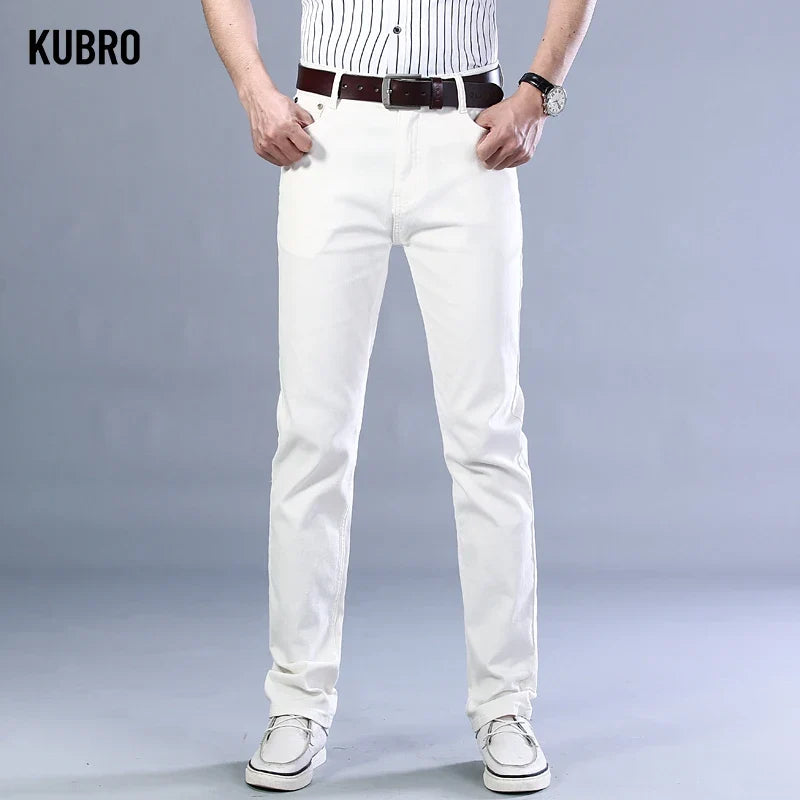 Brand Classic Style Men's Wine Red Jeans Fashion Business Casual Straight Denim Stretch Trousers Male Denim Pants Korean reviews