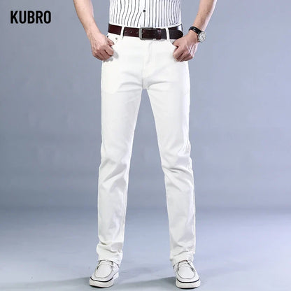 Brand Classic Style Men's Wine Red Jeans Fashion Business Casual Straight Denim Stretch Trousers Male Denim Pants Korean reviews