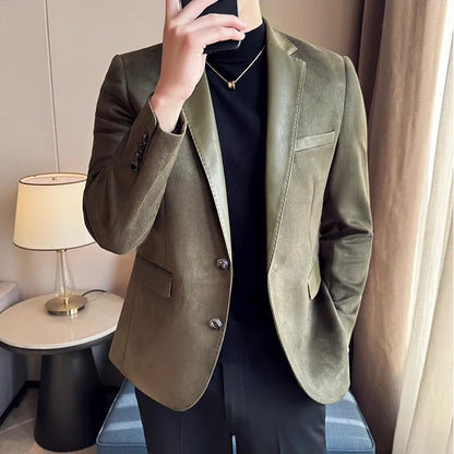 High Quality Deerskin Velvet Splicing Leather Collar Suit Blazers Men Casual Business Slim Coats Mens Social Wedding Clothing