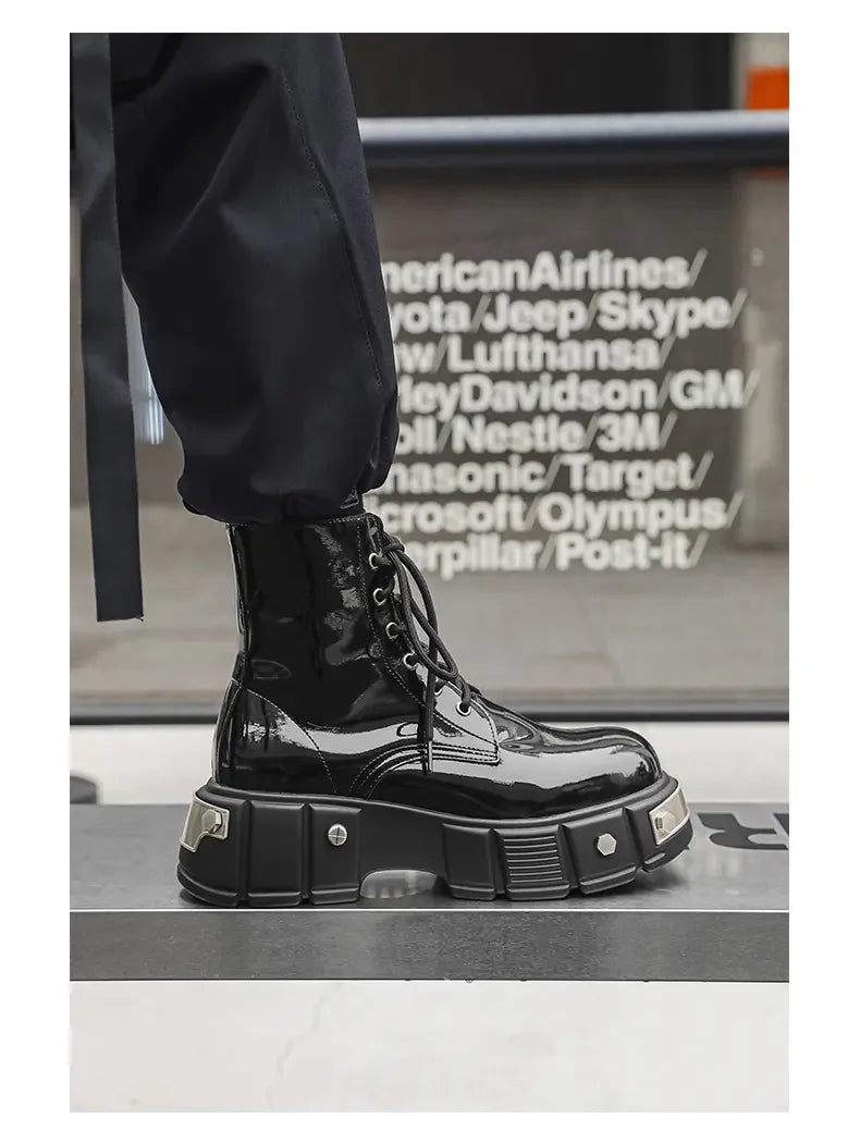 New Men Goth Platform Boots Fashion Rivet Lace Up Punk Wedges Chunky Heels Men Boots Party Street Patent Leather Men Shoes