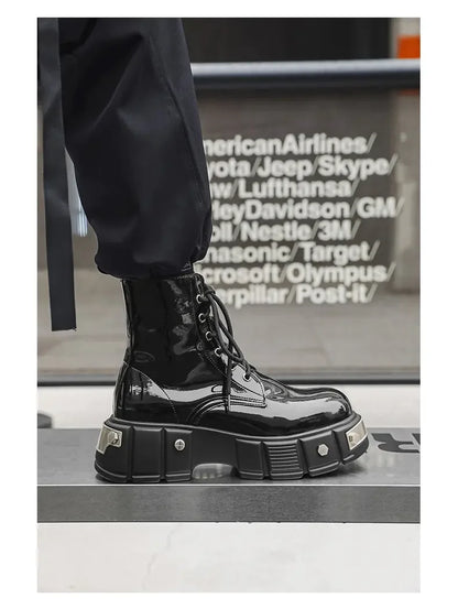 New Men Goth Platform Boots Fashion Rivet Lace Up Punk Wedges Chunky Heels Men Boots Party Street Patent Leather Men Shoes
