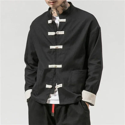 Kung Fu Coat Man Chinese Traditional Retro Autmn Long Sleeve Tang Suit Mandarin Collar Buckle Jacket Men Oriental Cotton Shirt