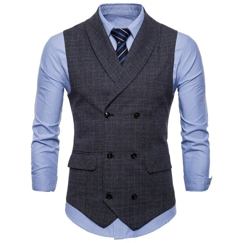 New Men's Checkered Vest, Male Casual Business Suit Vest, Plus Size British-Style  Four Seasons Double Breasted Slim Fit Vest