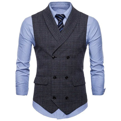 New Men's Checkered Vest, Male Casual Business Suit Vest, Plus Size British-Style  Four Seasons Double Breasted Slim Fit Vest