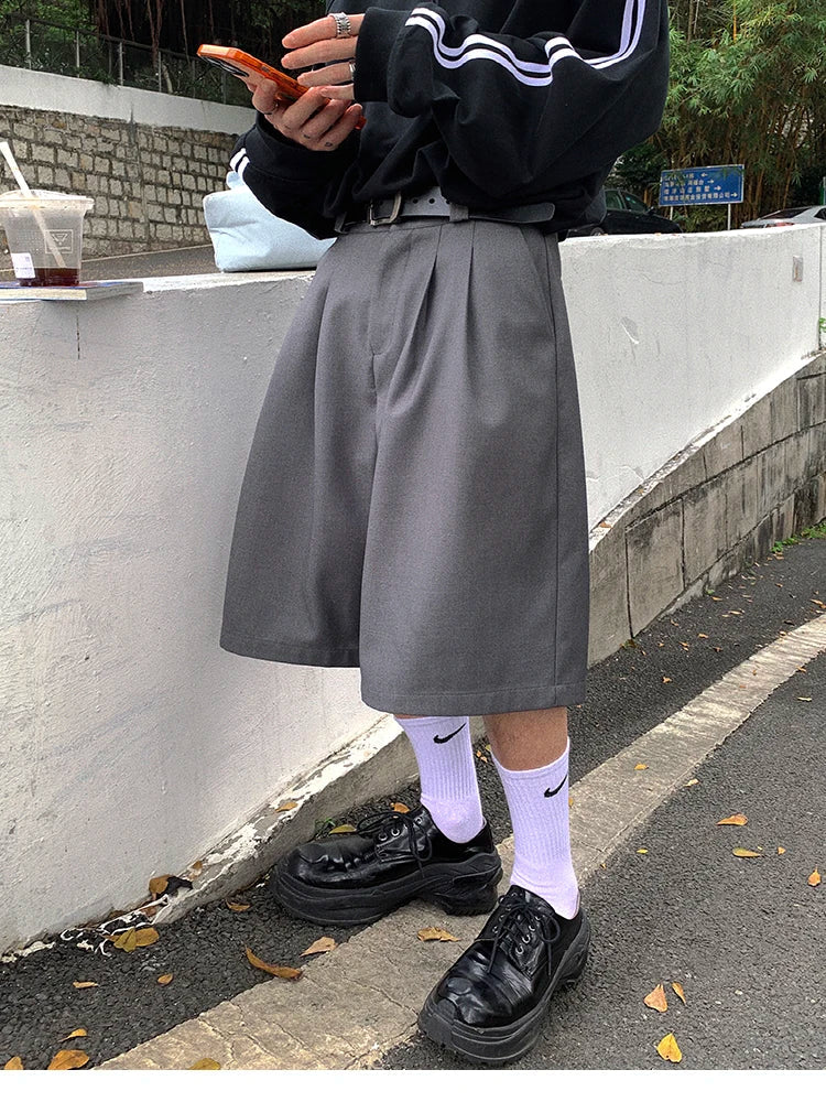 Spring Summer Loose Casual Soft Grey Pleated Shorts for Men with High Waist Short Straight Pants Korean Clothes 2024