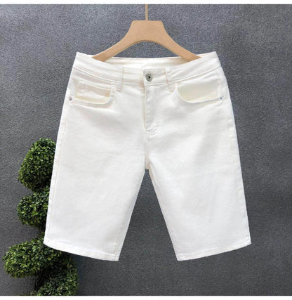 2026 Mens White Denim Shorts Summer Casual Slim Fit Pure Color Five Inch Beach Shorts Simple Stylish Fashion Jeans