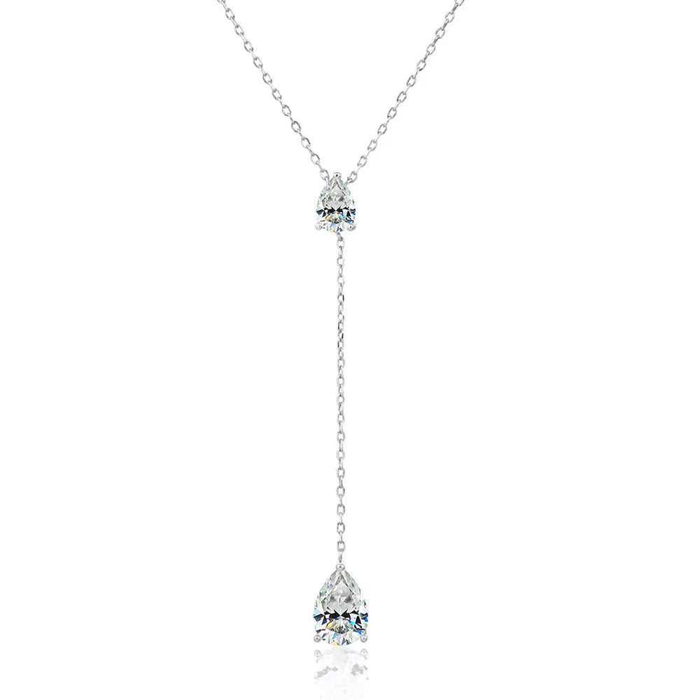 2-Stone Waterdrop Moissanite Pendant Necklace for Women 925 Silver 1.5cttw Y-Style Long Tassel Pear Cut Lab Diamond Neckchain