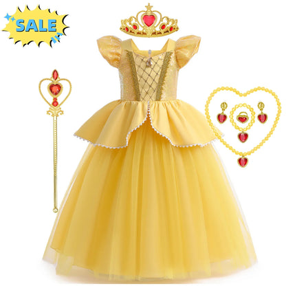 Beauty Beast Halloween Girl Princess Belle Costume Christmas Festive Evening Party Fancy Fairy Yellow Shoulderless Long Dresses
