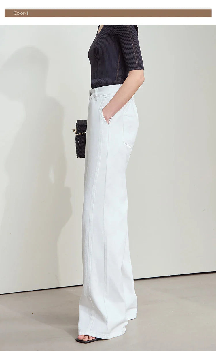 Women's Jeans Minimalist 2025 Summer New Style Solid Color Commuting Black Beige Wide Leg Cotton Denim Long Pants 12552012