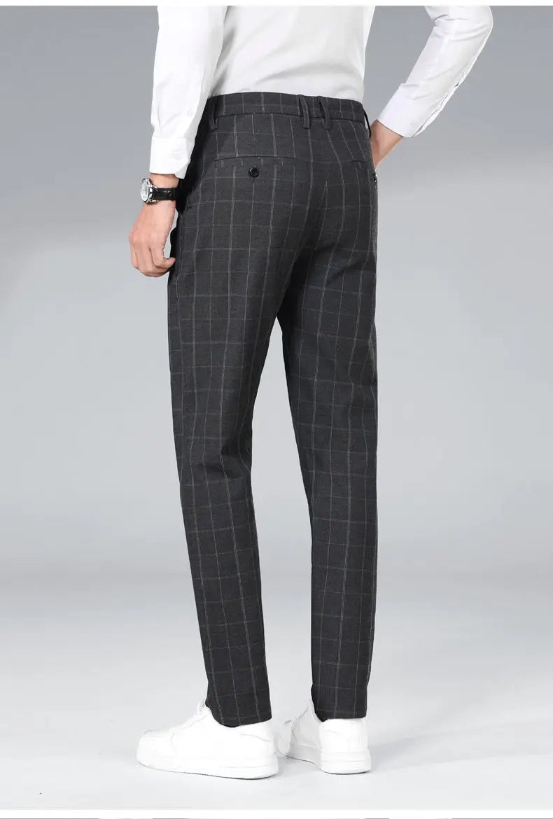 Autumn Winter Men's Business Casual Plaid Pants Korean Fashion Stretch Slim Fit Suit Pants Male Office Formal Versatile Trouser