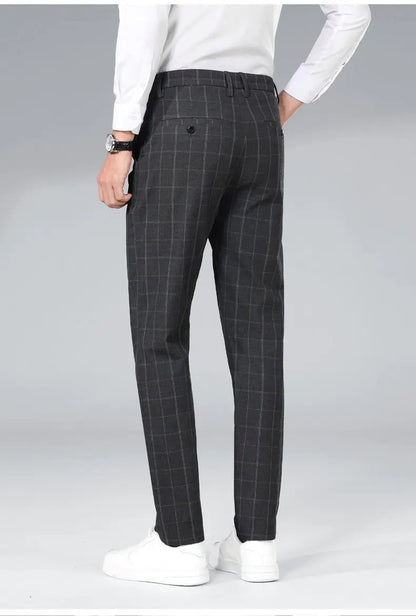 Autumn Winter Men's Business Casual Plaid Pants Korean Fashion Stretch Slim Fit Suit Pants Male Office Formal Versatile Trouser
