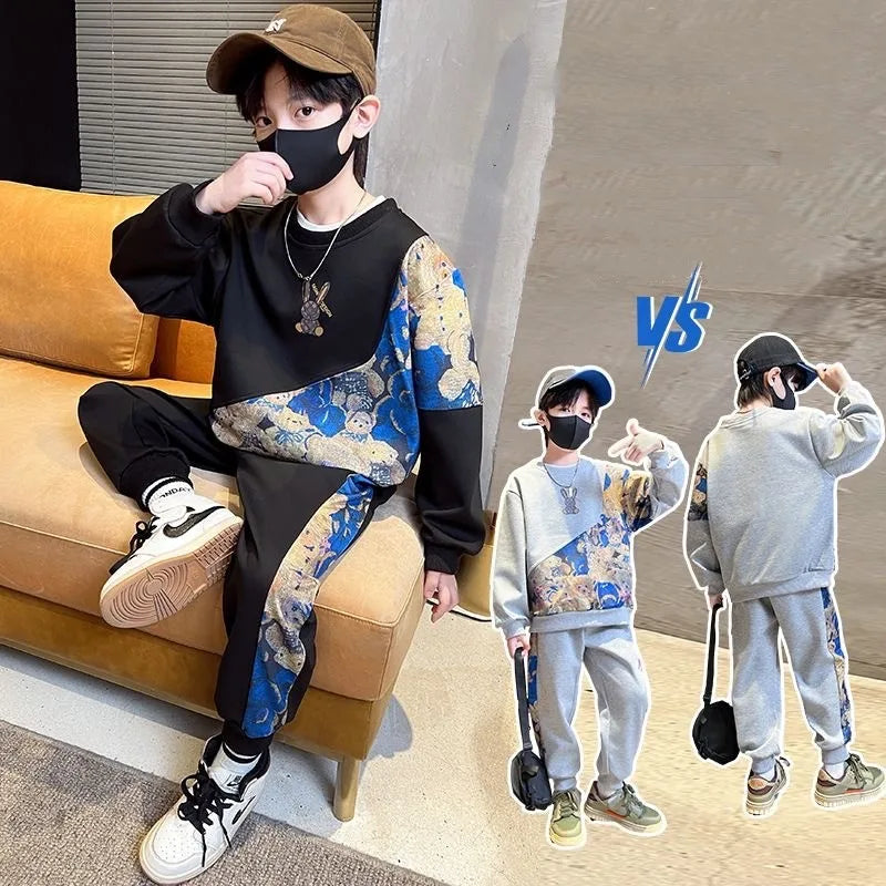 Boys Cotton Cartoon Print Patchwork Workout Sweatshirt+Sweatpant Sets Children 2PCS Tracksuit School Kids Jogging Outfits 5-16Yr