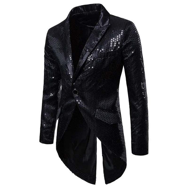 2026 Men's Gold V-Neck Long Sleeve Tuxedo, TV Performance Magic Long Jacket Shiny Sequin Decoration Red Blue Black Blazer S-XXL