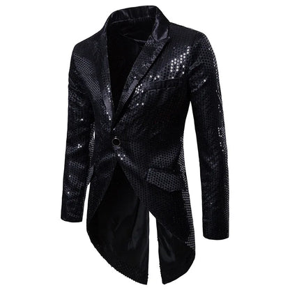 2026 Men's Gold V-Neck Long Sleeve Tuxedo, TV Performance Magic Long Jacket Shiny Sequin Decoration Red Blue Black Blazer S-XXL