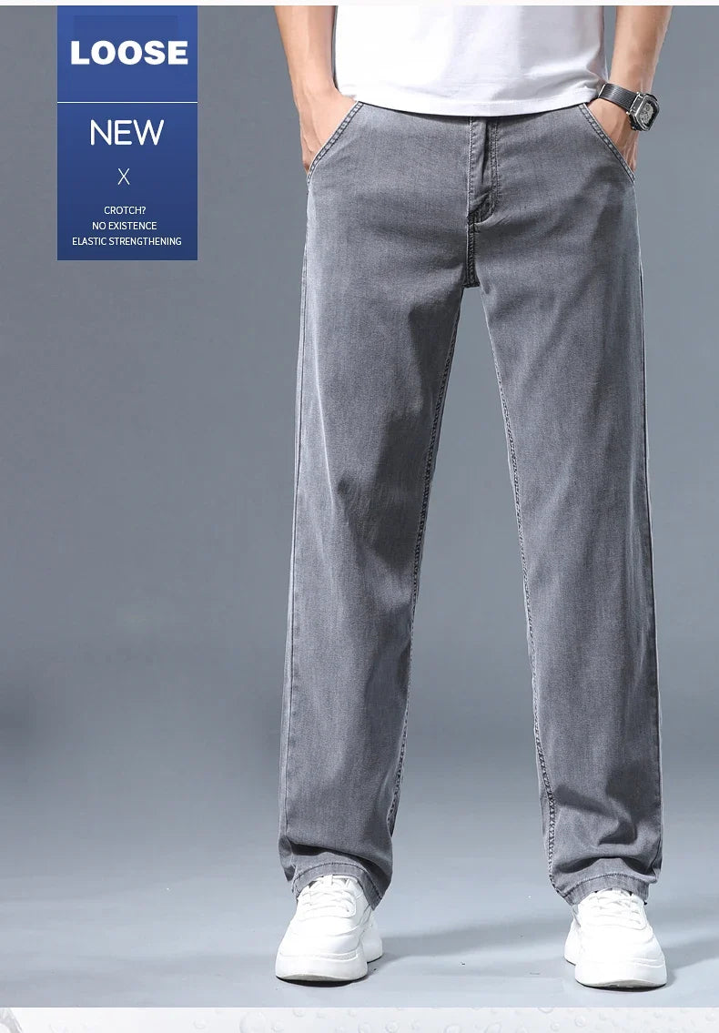 Summer Thin Men's Loose Straight Jeans Lyocell Soft Drape Business Casual Trousers Classic Smoke Gray Brand Ice Silk Pants
