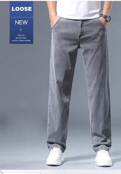 Summer Thin Men's Loose Straight Jeans Lyocell Soft Drape Business Casual Trousers Classic Smoke Gray Brand Ice Silk Pants
