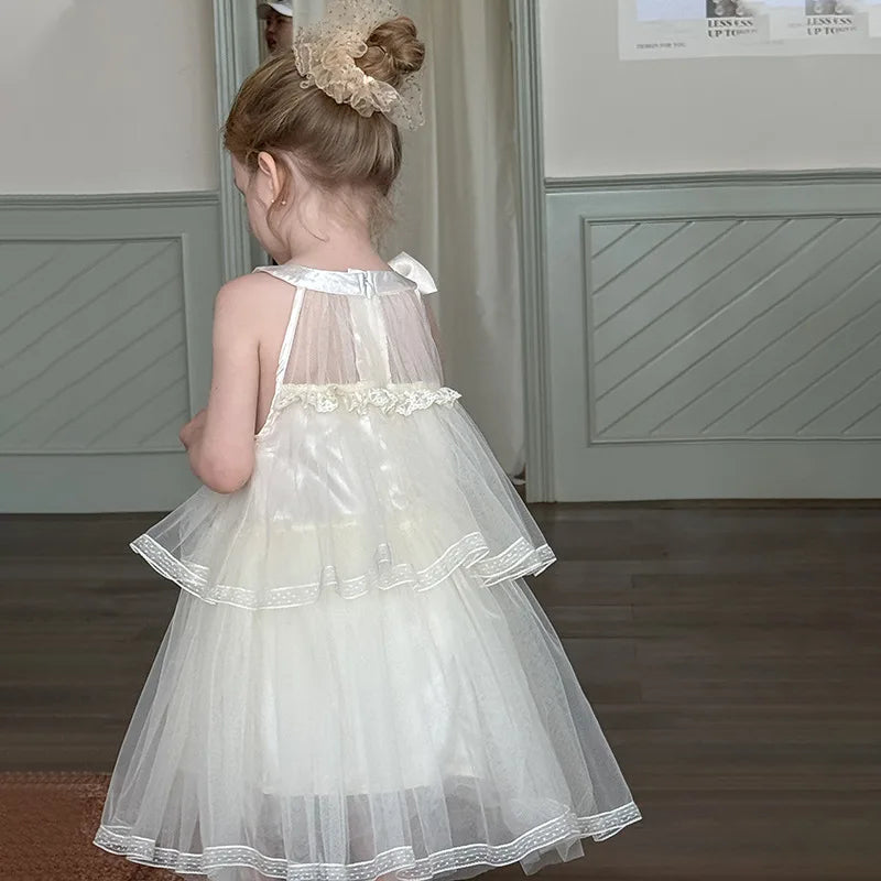 Girls Princess Dress Summer Kids French Sweet Sleeveless Bowknot Tulle Tutu Fluffy Birthday Party Pageant Dresses